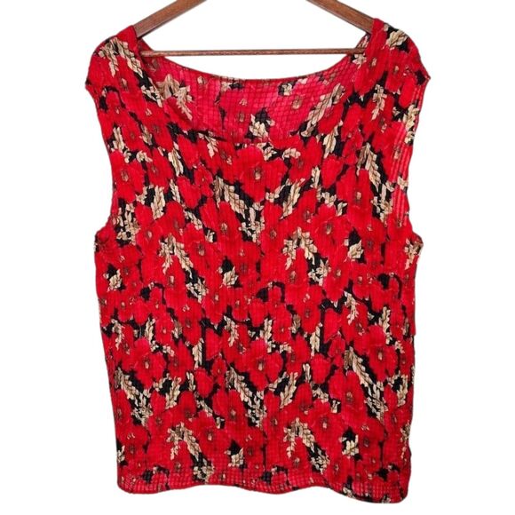 Notations Red Floral Fall Leaf Crinkly Plisse Stretchy Sleeveless Tank Top Sz 1X - Picture 9 of 12